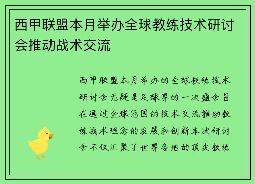西甲联盟本月举办全球教练技术研讨会推动战术交流 西甲联盟本月举办全球教练技术研讨会推动战术交流