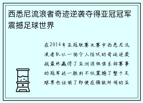 西悉尼流浪者奇迹逆袭夺得亚冠冠军震撼足球世界 西悉尼流浪者奇迹逆袭夺得亚冠冠军震撼足球世界